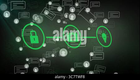 Displaying network connecting padlock, camera, lightbulb icons on dark interface with chat bubbles Stock Photo