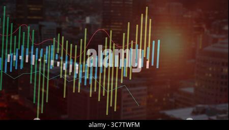 Displaying chart overlaying cityscape at dusk, with candlestick bars and red cyan lines Stock Photo