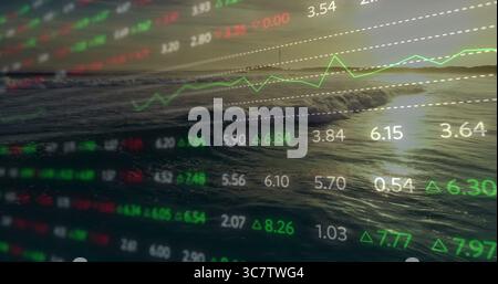 Displaying translucent stock market overlay blending with coastal waves at dusk, showing line graph Stock Photo