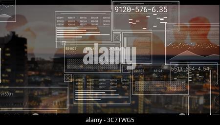 Seven silhouetted business professionals interpreting HUD panels in office at dusk, skyline Stock Photo
