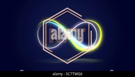 Displaying neon infinity loops around segmented hexagon in studio with pixelated NFT and reflection Stock Photo