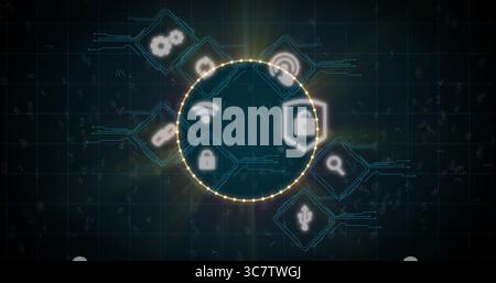 Glowing circular frame of dots scanning network interface on screen, with hexagonal icon tiles Stock Photo