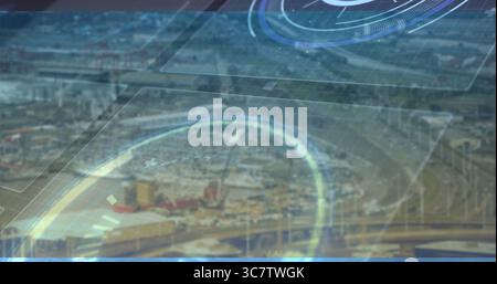 Displaying large glowing radar overlay scanning urban industrial area, with highways, HUD elements Stock Photo