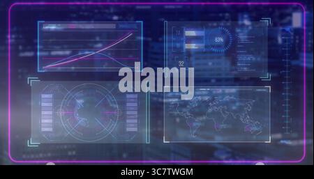 Displaying futuristic HUD overlay floating over command console at night with neon-purple frame Stock Photo