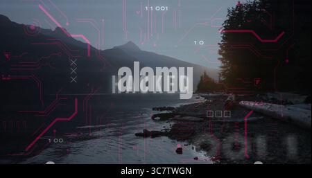 Displaying overlay featuring HACKED over dusk lakeshore with neon-red circuits and driftwood logs Stock Photo