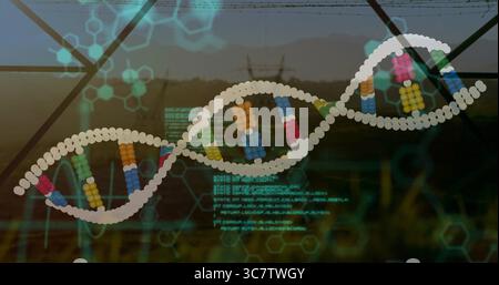 Floating stylized 3D double helix model moving above open fields with base pairs and code overlays Stock Photo