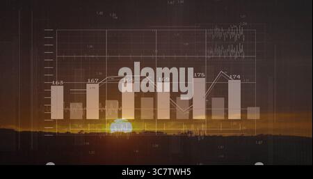 Presenting bar chart, overlaying line graph and numeric axis labels on silhouetted dusk horizon Stock Photo