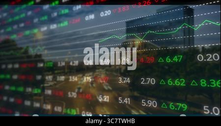 Displaying semi-transparent overlay covering urban avenue, showing red and green tickers and graph Stock Photo