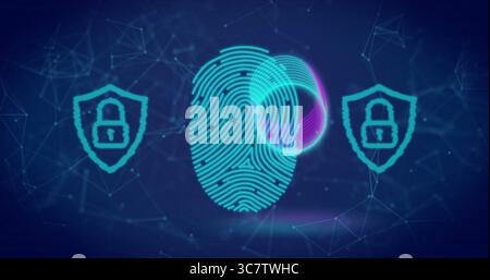 Showing fingerprint icon hovering over digital interface, with shield padlocks and network lines Stock Photo