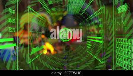 Displaying central holographic data panel in VR tunnel, with bar charts, grids and numeric displays Stock Photo