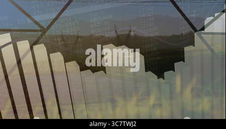Displaying 3D bar chart in virtual space, with code strings, error text and mountain silhouette Stock Photo