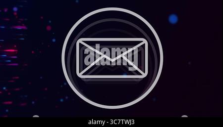 Displaying central envelope icon glowing within two rings on interface, with neon glitch streaks Stock Photo