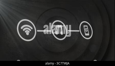 Displaying connecting lines between Wi-Fi icon, music note and smartphone icon on digital interface Stock Photo