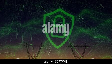 Pixelated green shield bearing padlock icon hovering over power towers at dusk, with grid lines Stock Photo