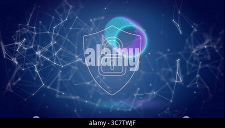 Glowing outlined shield with padlock icon radiating security in network space, with neon torus ring Stock Photo
