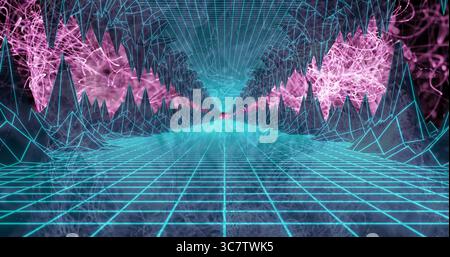 Flowing neon-lit wireframe tunnel in digital simulation with cyan grid and pink fractal lights Stock Photo