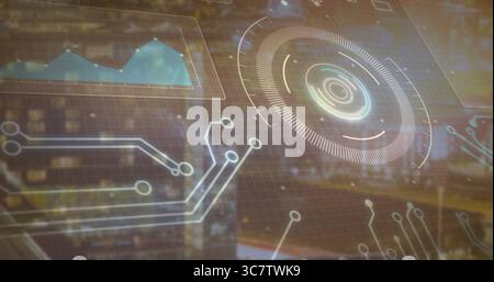 Displaying digital interface on screen, with grid lines connector lines radial gauge light dots Stock Photo