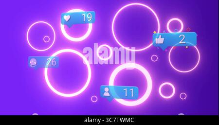 Displaying neon rings spinning over purple gradient backdrop, showing social media notifications Stock Photo