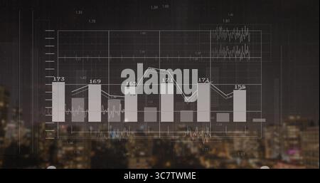 Displaying translucent bar and line chart overlaying nighttime city skyline, featuring numeric data Stock Photo
