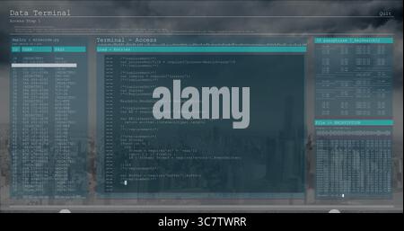 Displaying digital terminal interface panels on office monitor at dusk, with encryption data blocks Stock Photo