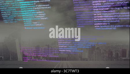 Hovering code snippets in blue and purple above rooftop wooden deck, with distant skyscrapers Stock Photo