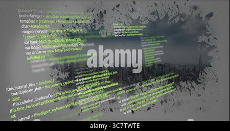 Displaying JavaScript snippets and ink splatter blending over skyline under clouds, tech punk vibe Stock Photo