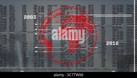 Displaying red map showing white connectors to code columns between 2005 and 2016 in hazy skyline Stock Photo