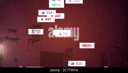 Floating social media notification icons glowing over night city skyline, showing engagement counts Stock Photo