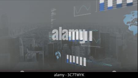 Displaying overlays across city skyline at high vantage with charts, world map and code snippets Stock Photo