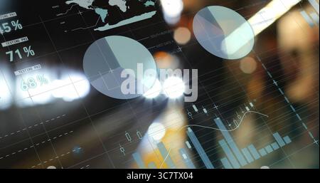 Displaying financial data in office, pie, bar, candlestick and line charts, % labels, world map Stock Photo