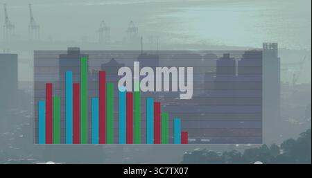 Displaying translucent bar chart overlay over foggy waterfront skyline, showing red green blue bars Stock Photo