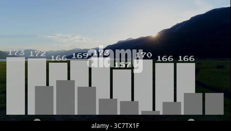 Displaying translucent bar chart overlaying meadow at sunrise showing nine bars with numeric labels Stock Photo
