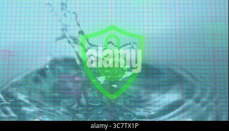 Displaying green shield with padlock and fingerprint over graph grid, merging water and code Stock Photo