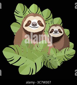 Smiling sloth relaxing in lush tropical foliage Stock Vector