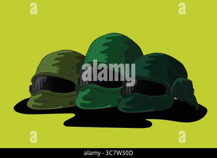 Modern tactical helmet reflecting on dark surface with red background Stock Vector