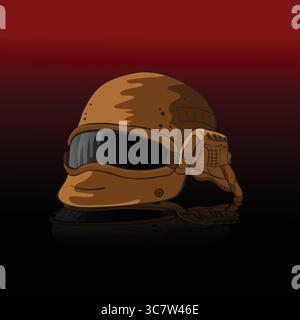 Modern tactical helmet reflecting on dark surface with red background Stock Vector