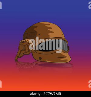 Modern tactical helmet reflecting on dark surface with red background Stock Vector