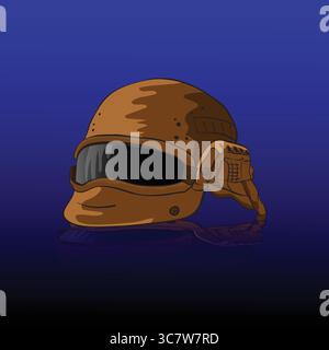 Modern tactical helmet reflecting on dark surface with red background Stock Vector