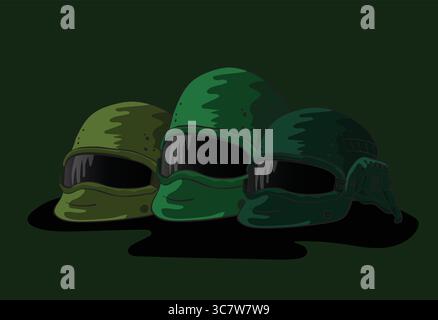 Modern tactical helmet reflecting on dark surface with red background Stock Vector