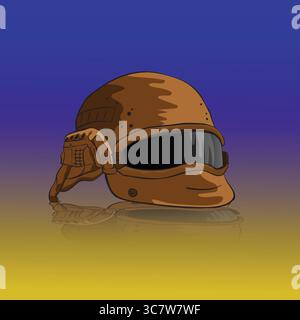 Modern tactical helmet reflecting on dark surface with red background Stock Vector