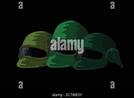 Modern tactical helmet reflecting on dark surface with red background Stock Vector