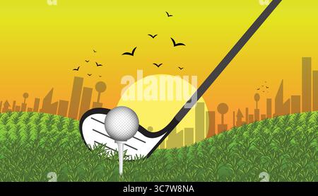 Golf club getting ready to hit ball on golf course at sunset with city in background Stock Vector