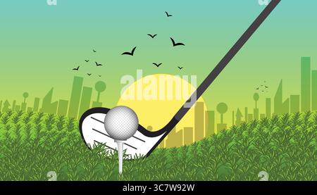 Golf club getting ready to hit ball on golf course at sunset with city in background Stock Vector