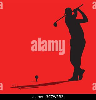 Golfer silhouette teeing off on red background Stock Vector