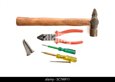 Hammer, Pliers,Tester, nall, screw isolated on white background Stock Photo