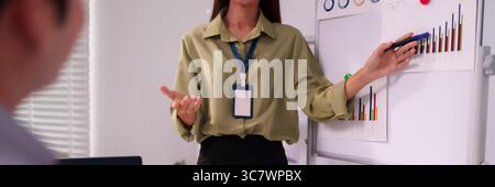 Adult Asian professional woman presents marketing data on a whiteboard in office meeting engaging colleagues discussing financial performance charts Stock Photo