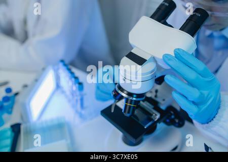 two scientists are working together to find a new antiviral drug, two chemists are using scientific tools to study science, microscope, working in the Stock Photo