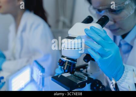 two scientists are working together to find a new antiviral drug, two chemists are using scientific tools to study science, microscope, working in the Stock Photo