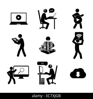 Set of stick figures, internet technologies and social networks isolated on white background, flat vector illustration. Stock Vector