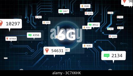 Displaying glowing 6G panel in tech network interface with map-pin, chat-bubble and bell callouts Stock Photo